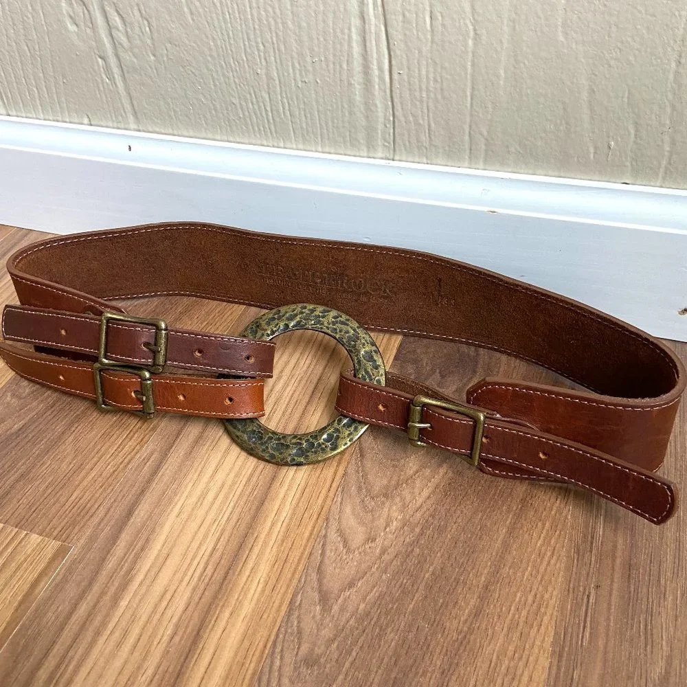 Leatherock Leather Boho Hammered Metal Circle Wide Belt Two Tone
